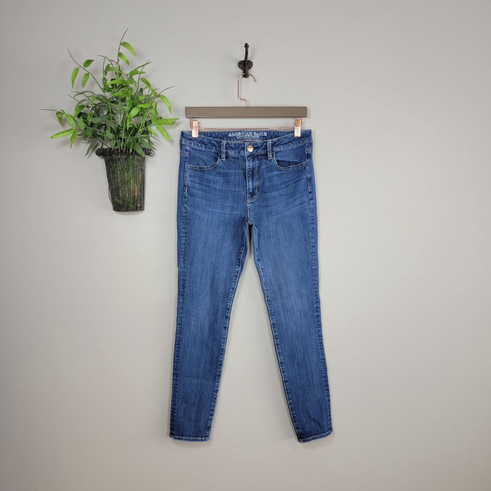 American Eagle Skinny Jeans Hi Rise Jegging Medium Blue Wash 360 Stretch AE 8